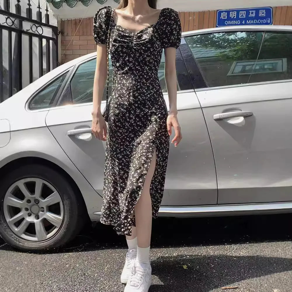 French Floral Dress for Women in Spring and Summer New Black High-end Slit Long Skirt Temperament Design Niche Tea Break