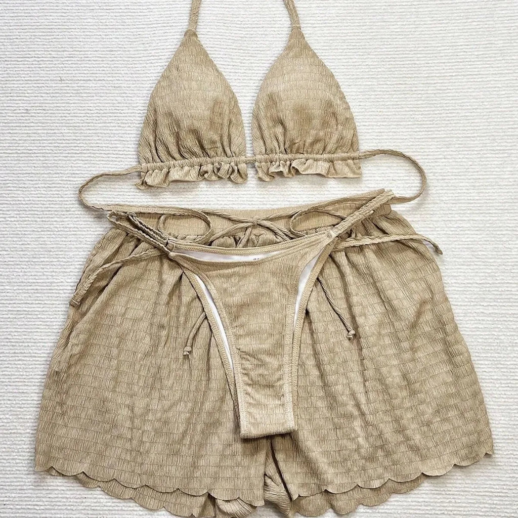 Ruffled Firlled Halter Bikini Women Swimwear Female Swimsuit Three-pieces Bikini Set with Shorts Bather Bathing Suit Women