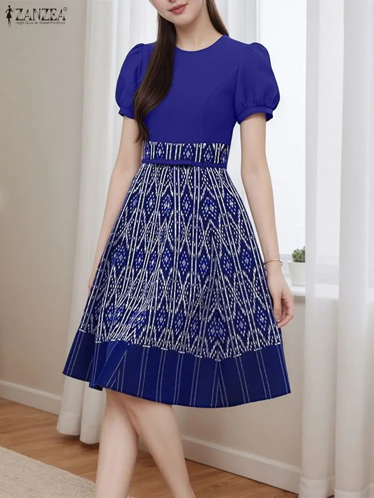 ZANZEA Vintage Summer Dresses Women Elegant Party Vestido 2025 Short Sleeve Long Shirt Robe Puff Sleeve Printing A-Line Sundress
