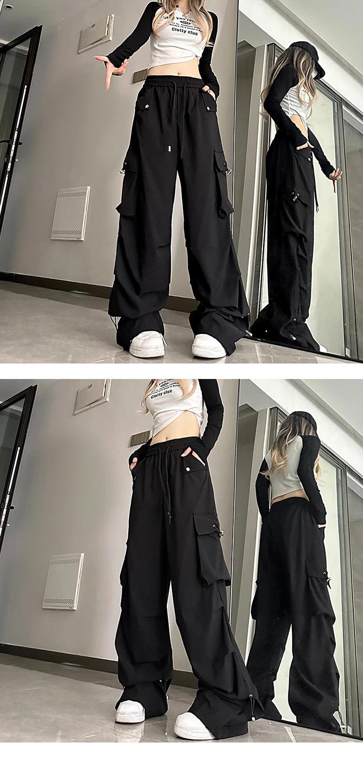 2024 American style large pocket cargo pants women's spring summer new style wide leg pants loose slimming casual sports pants