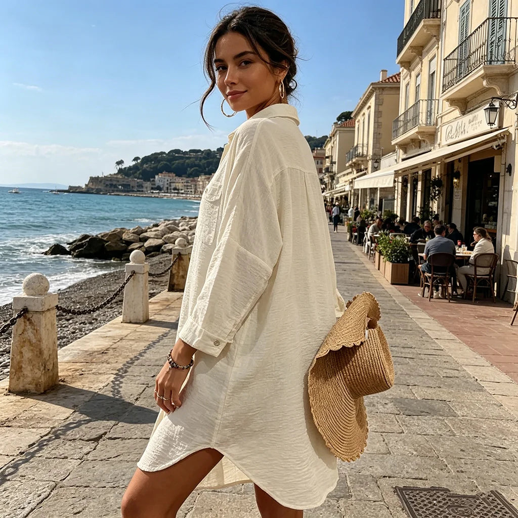 Women's modern swimsuit smock shirt Button up shirt dress top