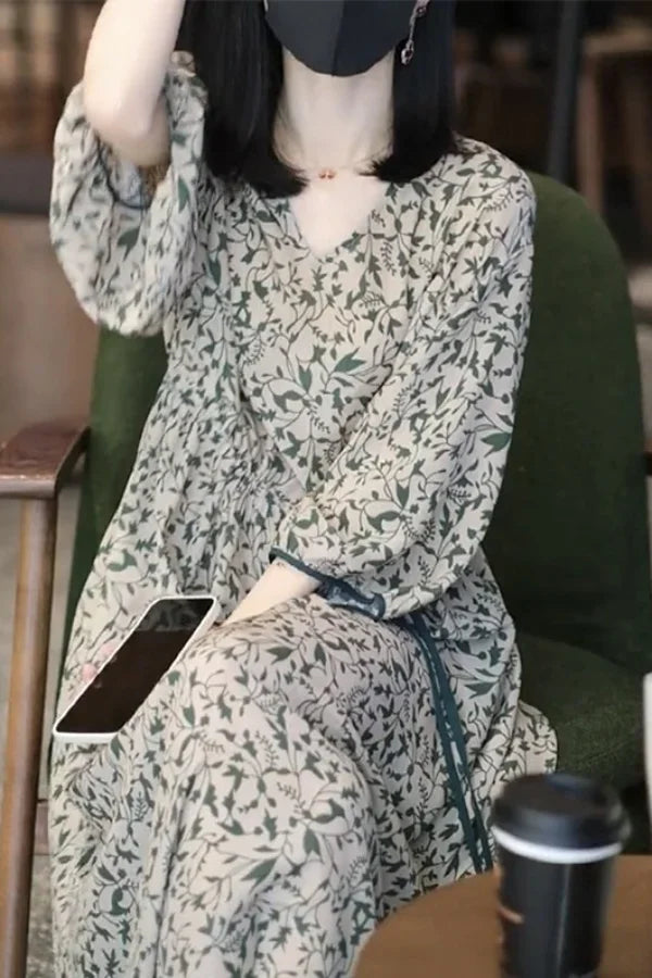 Floral Dress for Women Spring New Style 7-quarter Sleeves Chic Loose Slim Print Skirt Mid-length