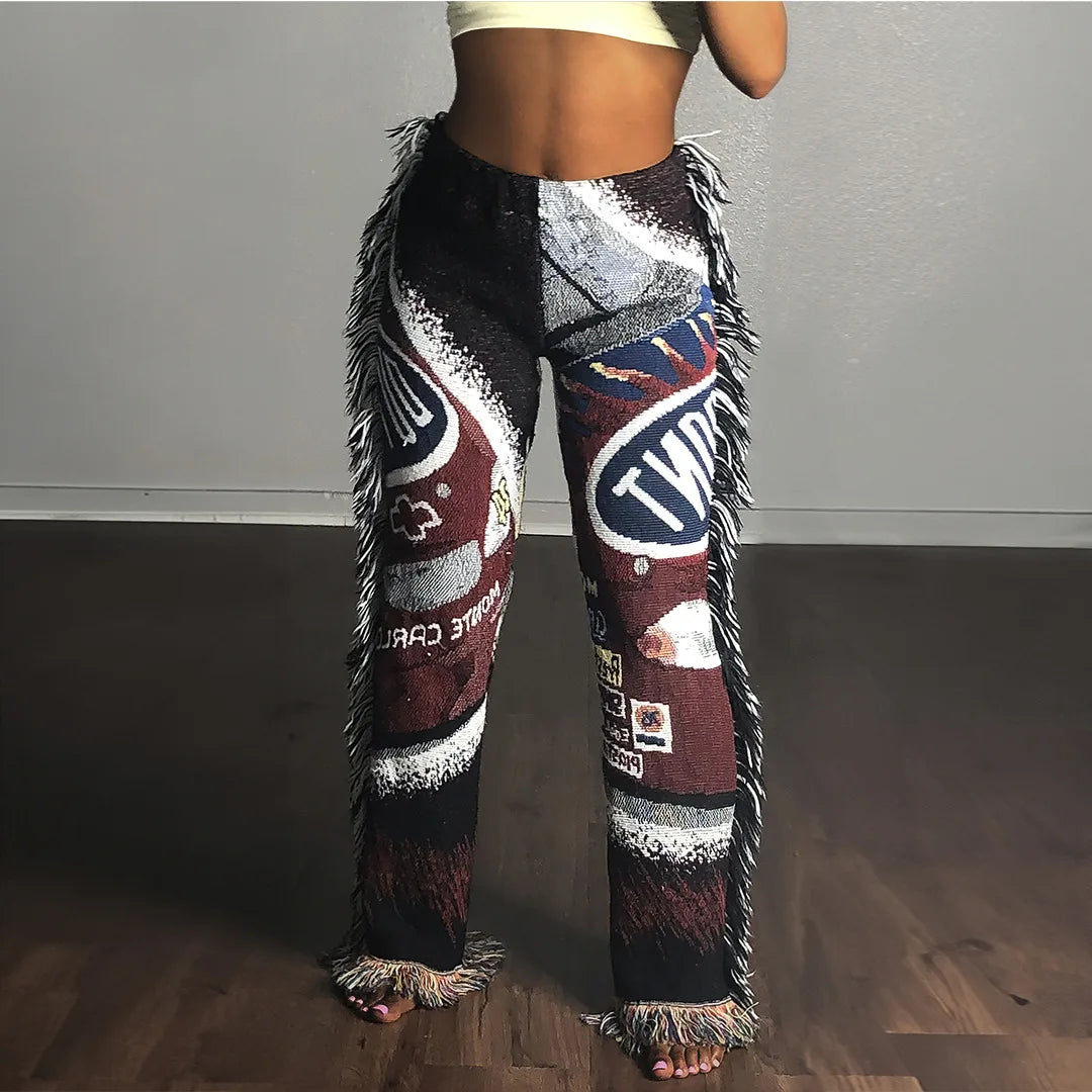 Casual Colorful Patterned Vintage Printed Tassels Pants 2025 New Autumn Winter Women Fashion Elegant Outwear Trousers Y2K