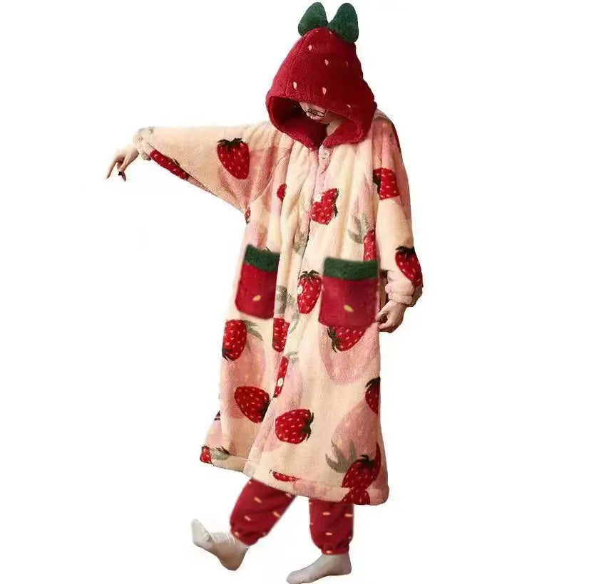 Kawaii Flannel 2025 Winter Kimono Nightgown Strawberry Cute Home Wear for Women Sleepwear Warm Bathrobe Cartoon Hooded Long Robe