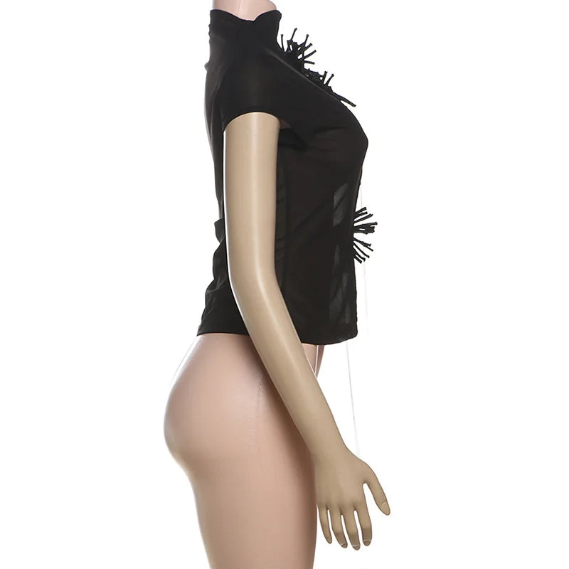 BOOFEENAA Sexy Mesh Sheer Black Shirts & Blouses 3d Flower Appliques Turtleneck Short Sleeve Crop Tops Cardigan C83-DE16