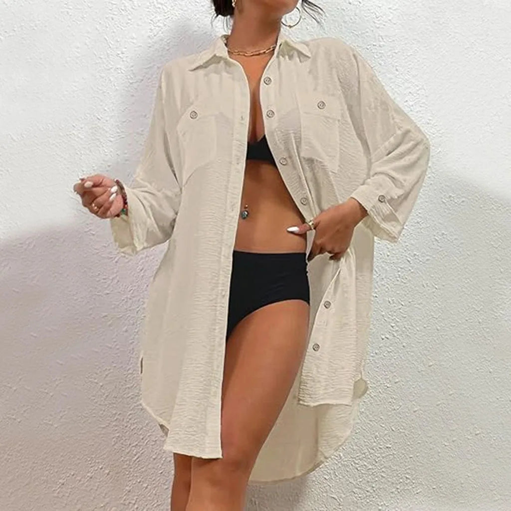 Women's modern swimsuit smock shirt Button up shirt dress top