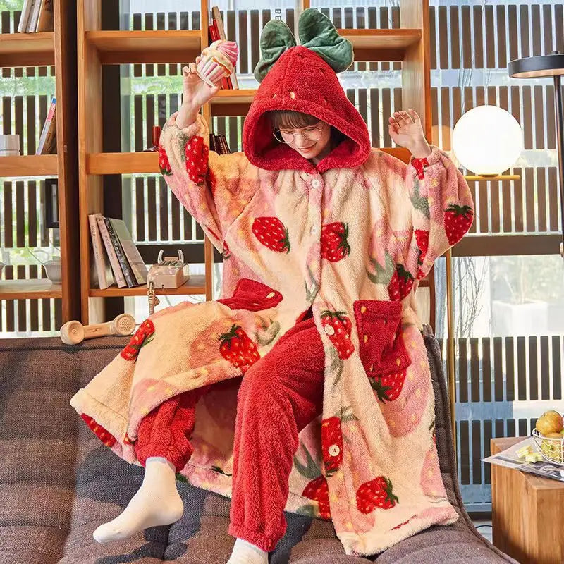 Kawaii Flannel 2025 Winter Kimono Nightgown Strawberry Cute Home Wear for Women Sleepwear Warm Bathrobe Cartoon Hooded Long Robe