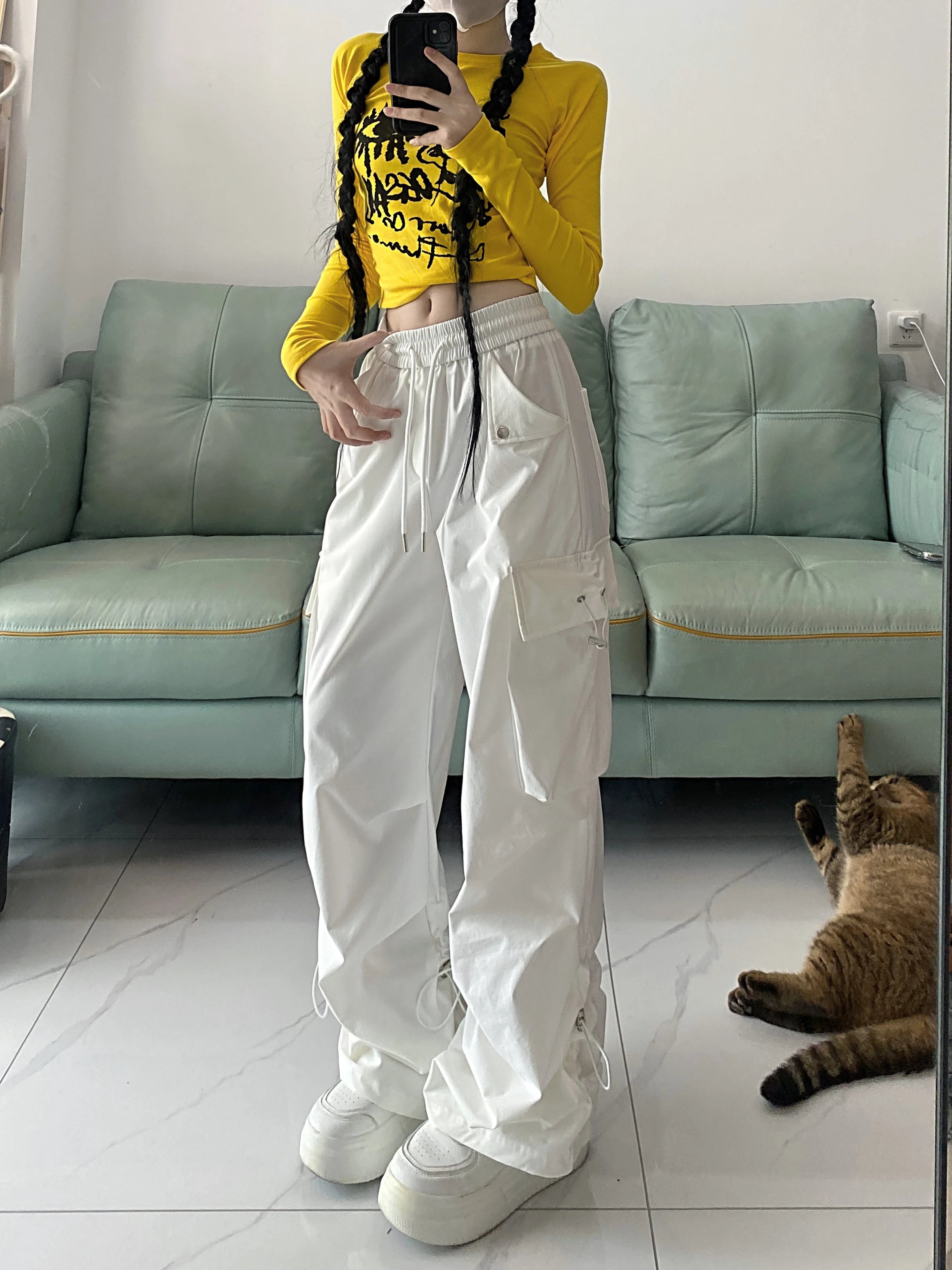 2024 American style large pocket cargo pants women's spring summer new style wide leg pants loose slimming casual sports pants