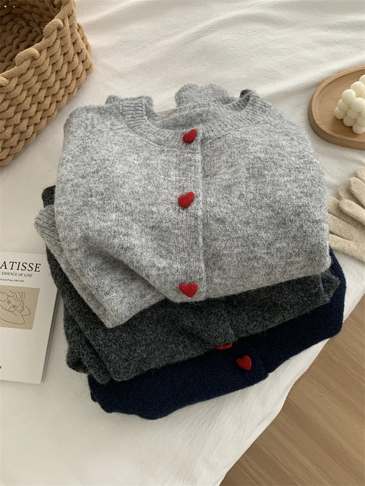 Deep Grey Wool Knitted Cardigan For Women 2026 Autumn Winter Soft And Sticky Warm Love Buckle Shoulder Sleeves