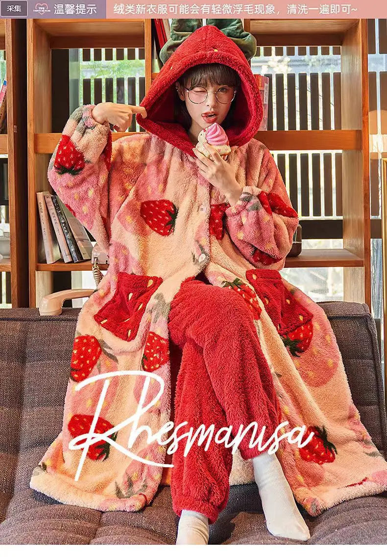 Kawaii Flannel 2025 Winter Kimono Nightgown Strawberry Cute Home Wear for Women Sleepwear Warm Bathrobe Cartoon Hooded Long Robe