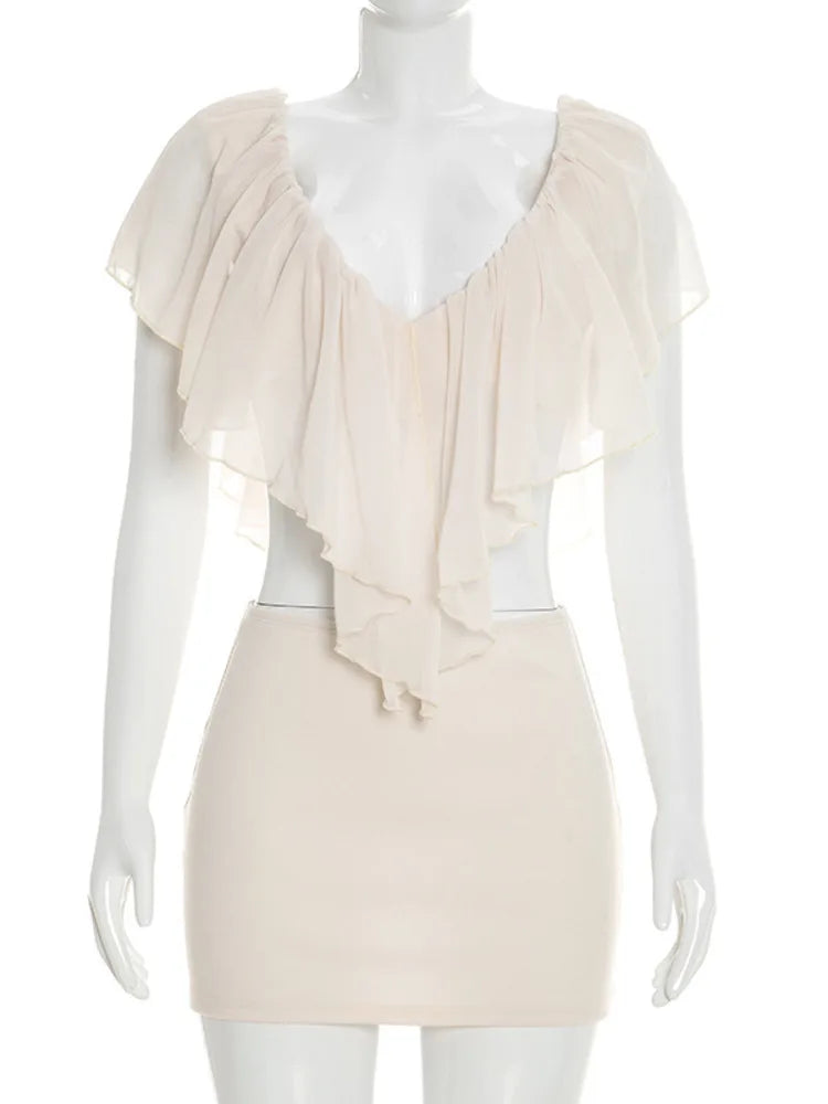 Mozision Ruffled Sexy Two Piece Set Women V Neck Sleeveless Tank Top Mini Skirt Matching Sets Female Club Party Dress Sets