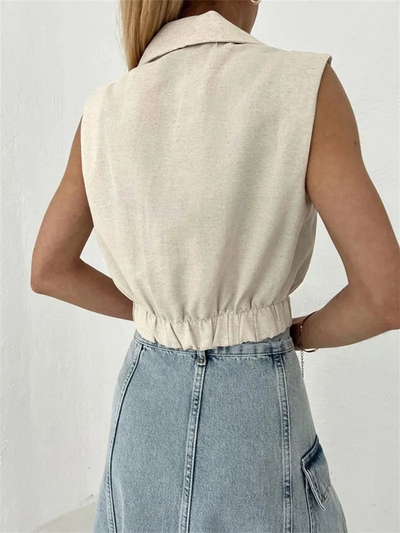 2024 Summer Women Solid Khaki Linen Tank Tops Sleeveless V-neck Vest Crop Tops For Women Female