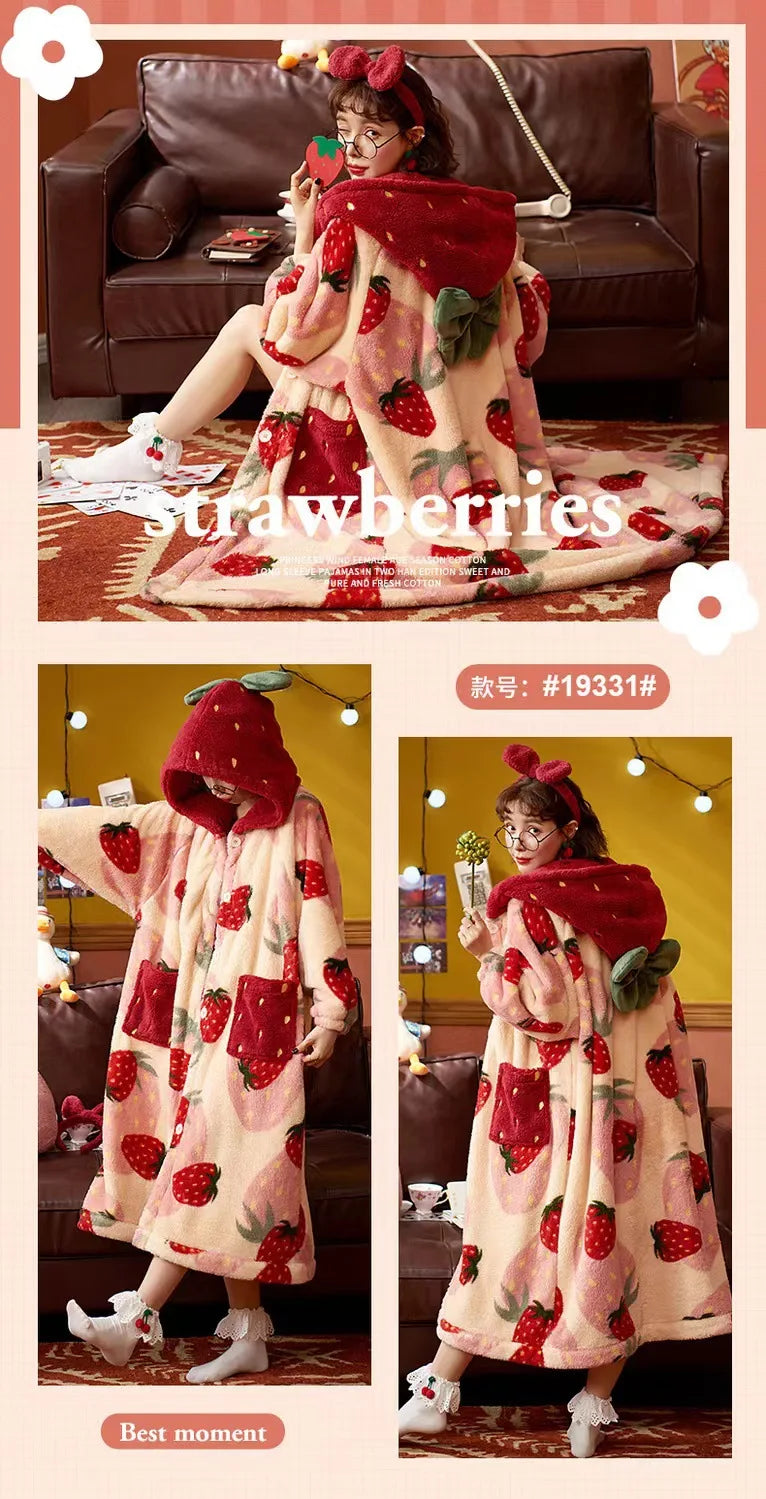 Kawaii Flannel 2025 Winter Kimono Nightgown Strawberry Cute Home Wear for Women Sleepwear Warm Bathrobe Cartoon Hooded Long Robe