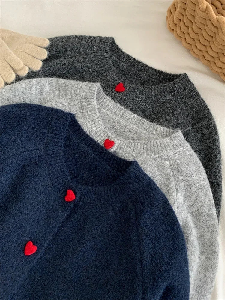 Deep Grey Wool Knitted Cardigan For Women 2026 Autumn Winter Soft And Sticky Warm Love Buckle Shoulder Sleeves