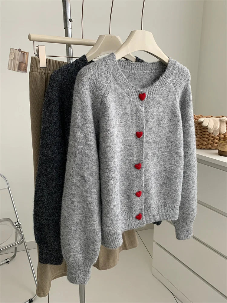 Deep Grey Wool Knitted Cardigan For Women 2026 Autumn Winter Soft And Sticky Warm Love Buckle Shoulder Sleeves