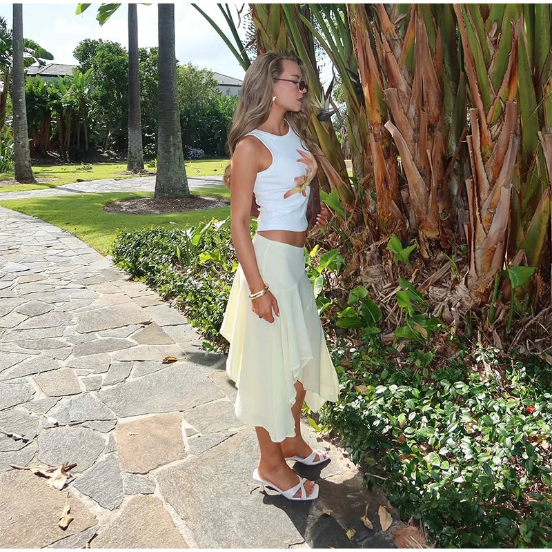 High Waist Asymmetrical Hem Midi Skirt Ruffle Flowy Irregular Hem A Line Skirts 2026 Summer Elegant Casual Vacation Chic Outwear